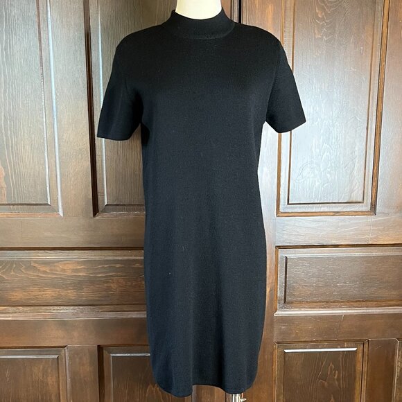 Andrea Jovine Black Wool Knit Sweater Dress Sz L Short Sleeve Mock Neck Vintage - Picture 1 of 6